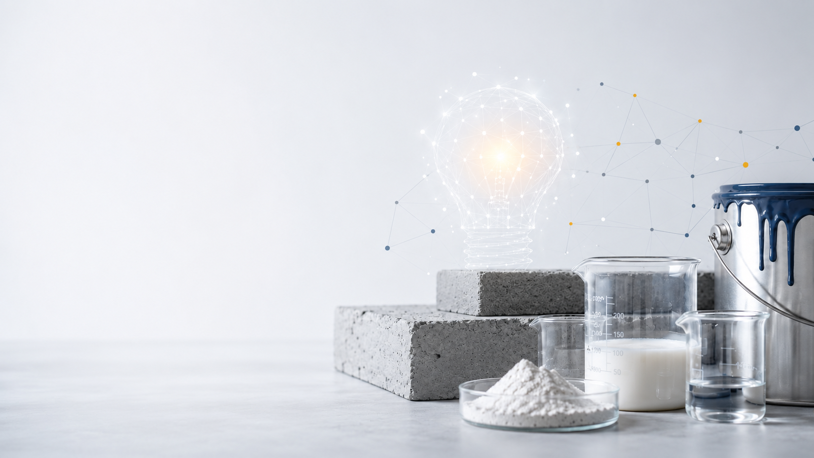 Construction chemistry materials: cement blocks, paint can and laboratory beakers with an idea lightbulb